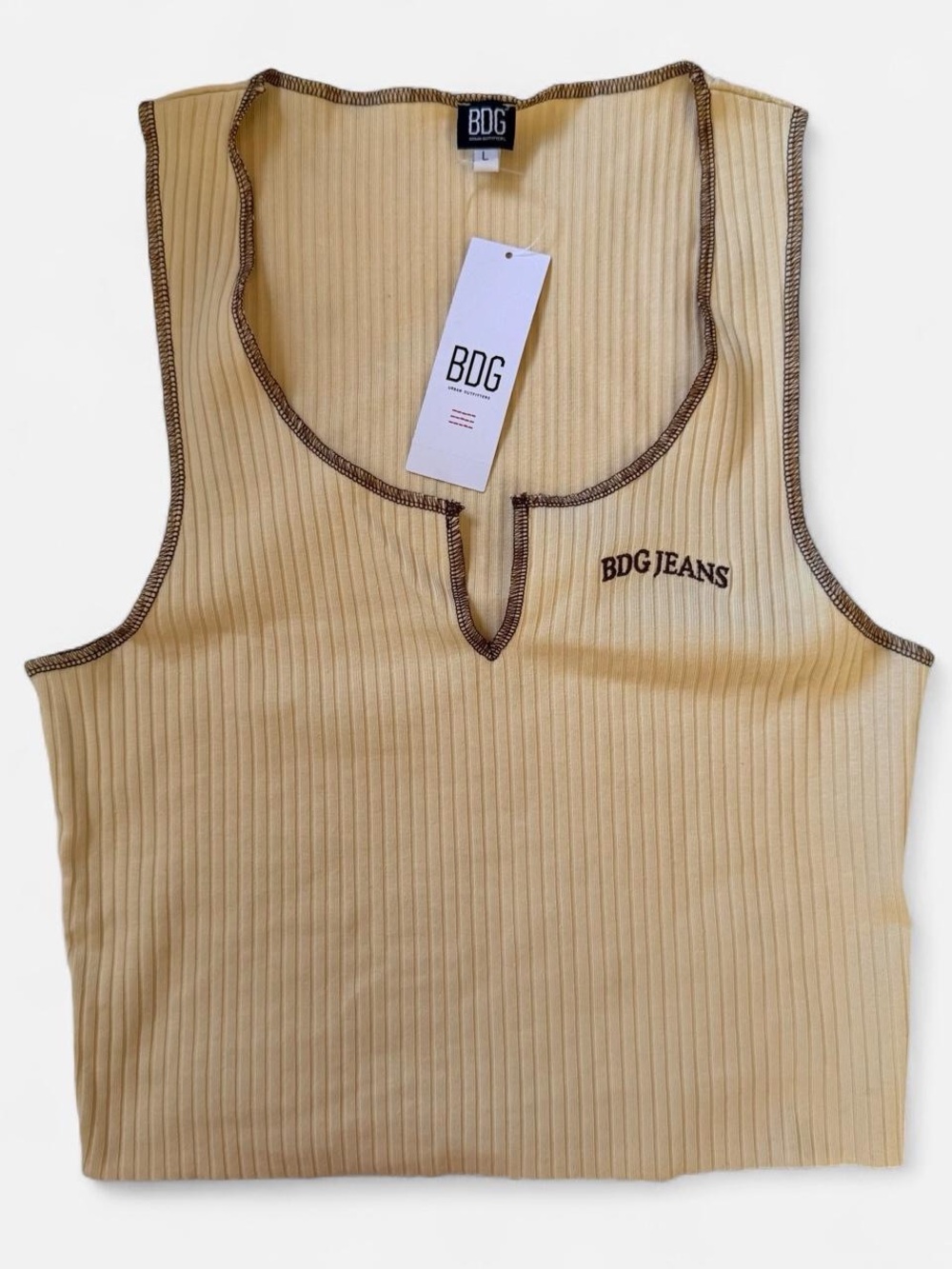 BDG Ribbed Notch Tank Top with Brown Trim L